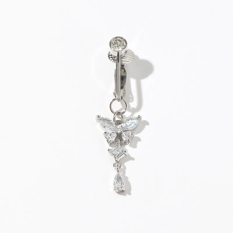 1pc Clip On Butterfly Belly Button Ring for Women, Copper Zircon Fake Belly Piercing Navel Body Jewelry Trendy Fashion Style