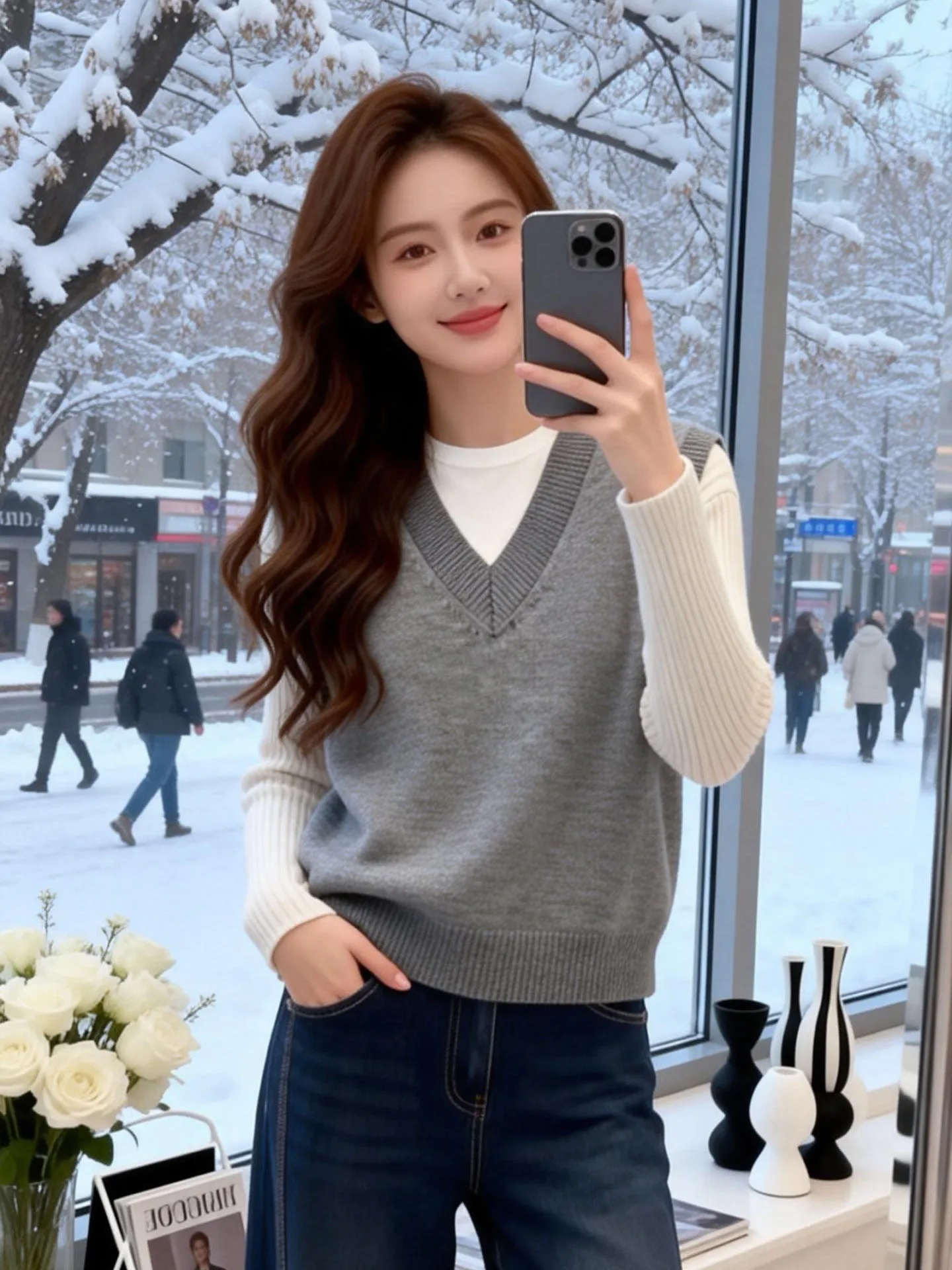 

Женский вязаный шерстяной жилет с V-образным вырезом, осенне-зимний модный брендовый топ, синий, премиум-класса, для многослойных образов, стандартная длина