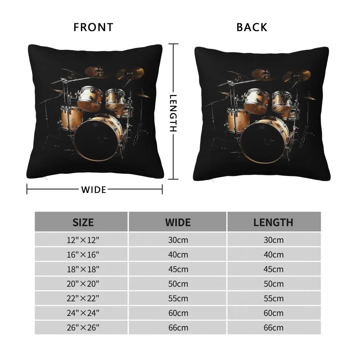 Drum Set Instrument Square Pillowcase Polyester Linen Velvet Pattern Zip Decorative Bed Cushion Cover