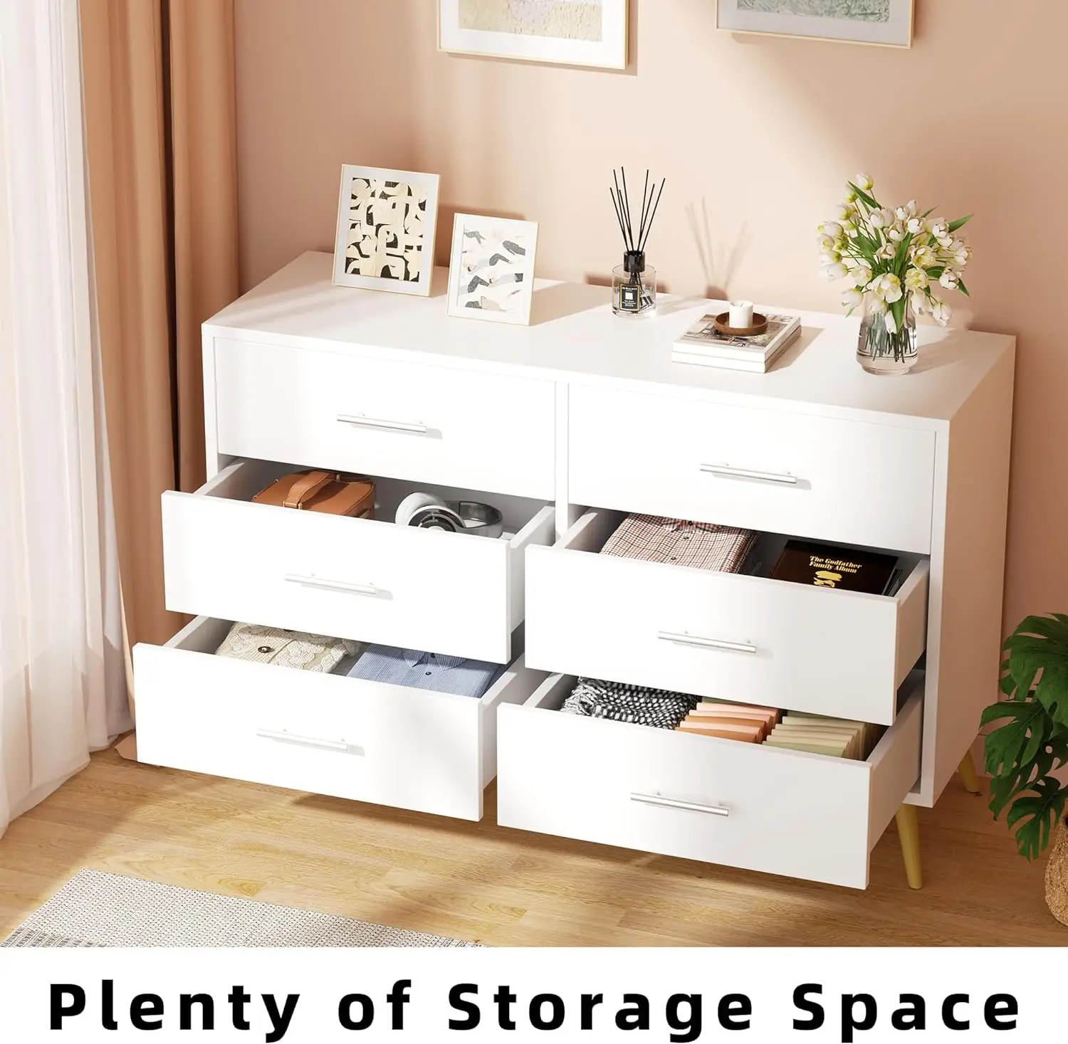 6 Drawer Dresser, Wide Chest of Drawers Organizer Storage with Drawers, Large Storage Cabinet, Modern Design Dresser