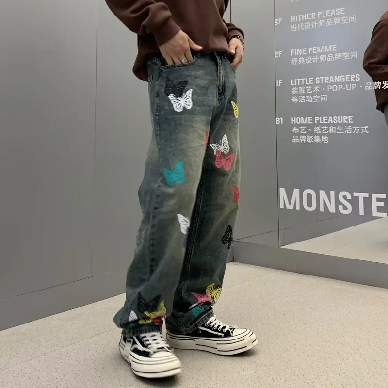 Butterfly Print Jeans Men Streetwear Fashion Vibe Loose Casual Hiphop Straight Washed Denim Pant Jeans Cityboy Teen Trousers