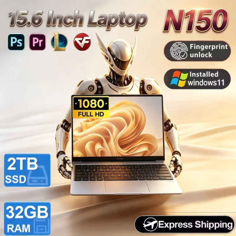 15.6‑Inch Thin Body Laptop Intel N150 Chipset Windows 11 32GB RAM 2TB SSD Fingerprint Unlock Business Household Notebook