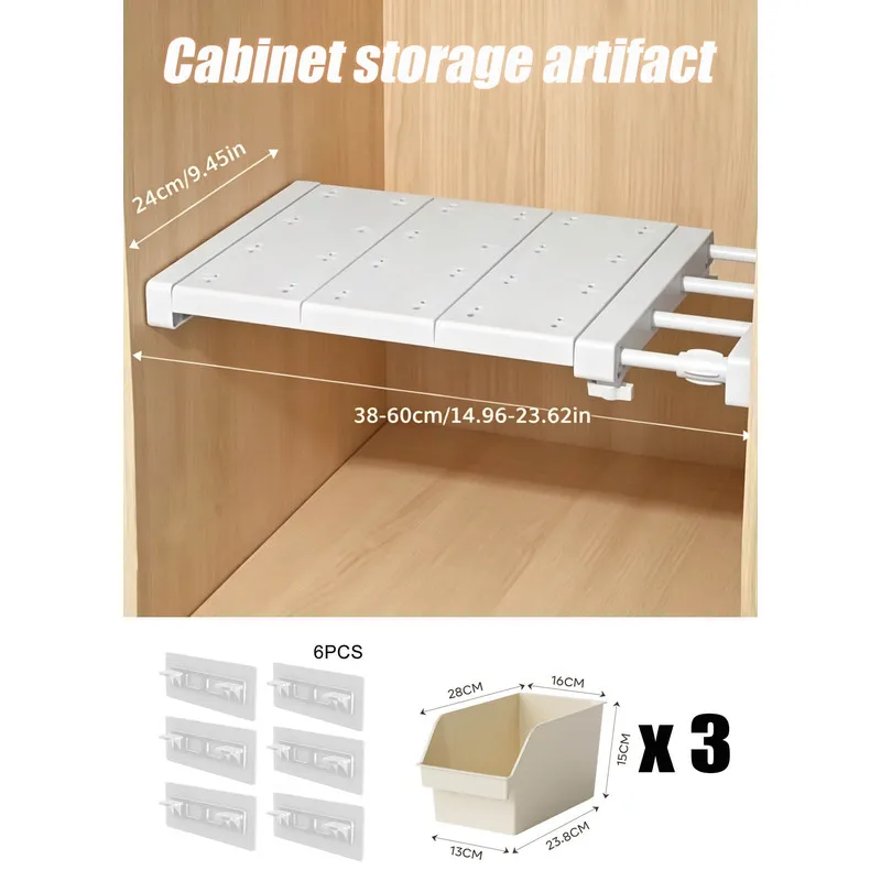 穴あけ不要の調整可能なキャビネット仕切りキット。粘着フックとプラスチック製収納ボックス付きの伸縮式収納棚。