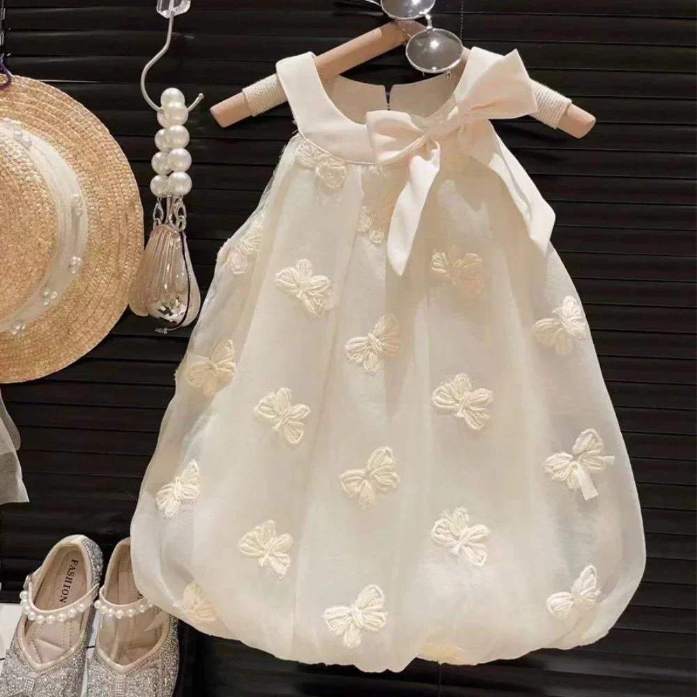 Solid Color Butterfly Print Lovely Girl Dress Sleeveless Bow Decoration Princess Dresses Birthday Wedding Party Kids Clothes