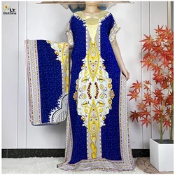 Abayas Africaines en Coton à Manches Courtes pour Femme, Dashiki, Imprimé Floral, Maxi Élégant, Robe Islamique avec Écharpe, Nouvelle Collection Été