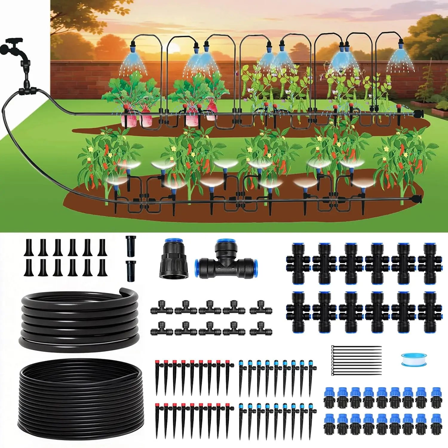 Complete Drip Irrigation System - 300FT, Quick Connect, 3 Modes, Adjustable Emitters for Garden, Raised Bed, Greenhouse