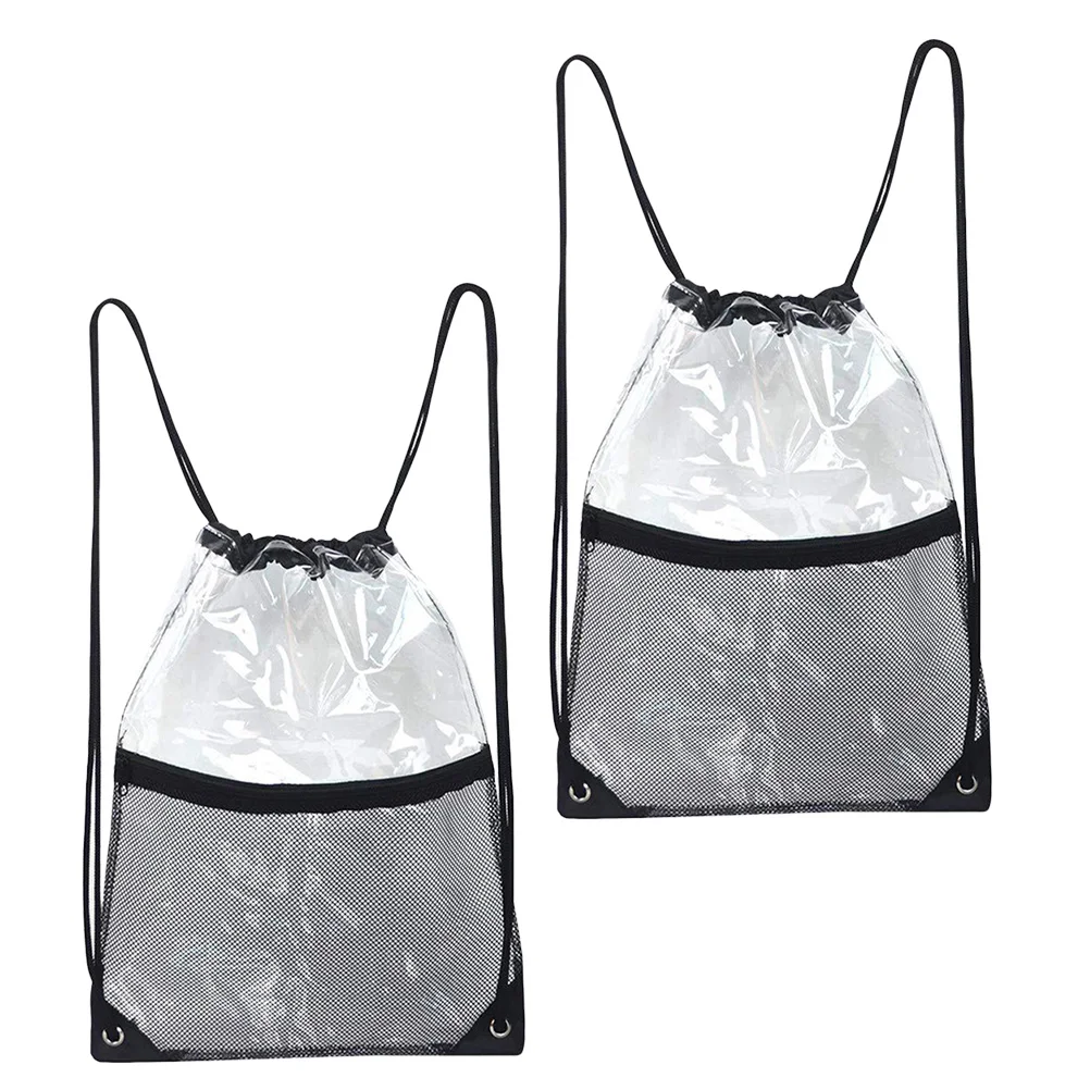 2Pcs Waterproof Drawstring Beach Bag Transparent Travel Pouch Clear Mesh Sports Bag for Gym Swimming Storage Organizer
