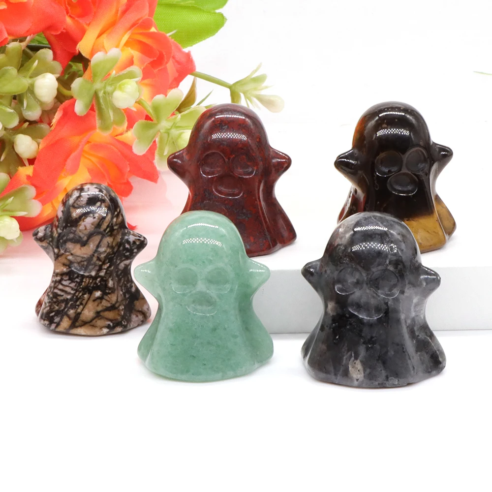 

1.2" Natural Stones Crystals Ghost Statue Rose Quartz Tiger Eye Healing Gemstone Ornament Halloween Home Decor Craft Gift