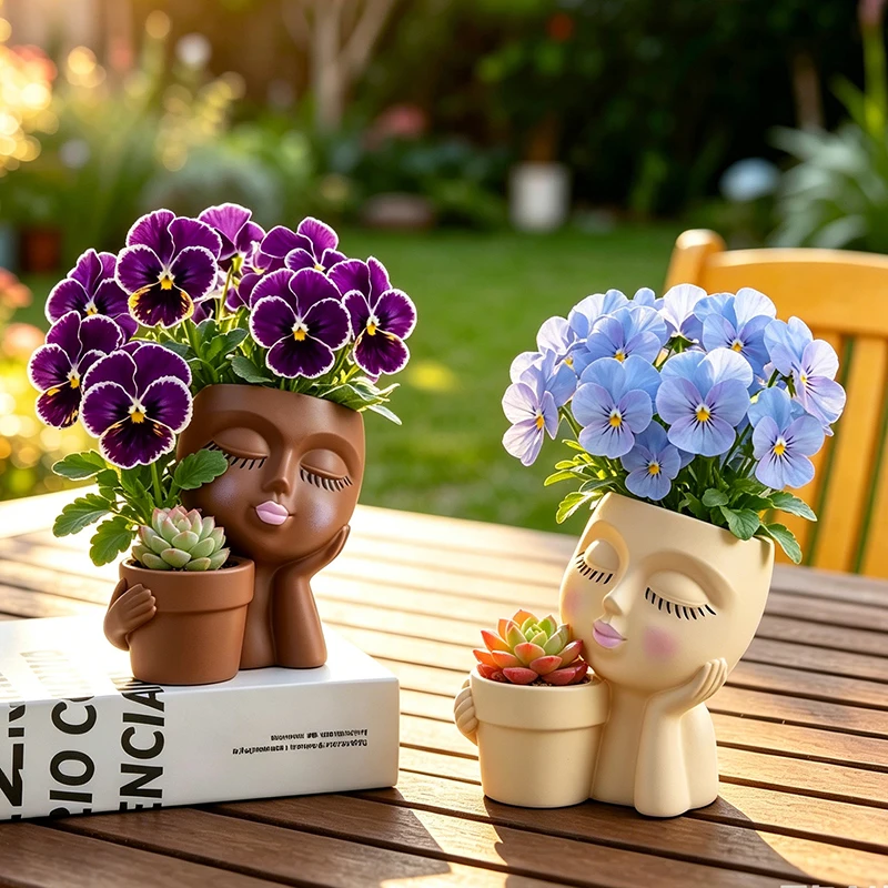Whimsical Closed‑Eye Girl Resin Planter Dual‑Pot Lady Face Container for Cacti Trailing Plants Household Desktop Home Decor