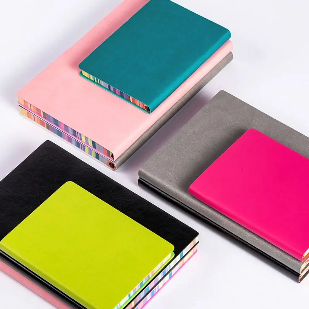 Soft Leather Cover Rainbow Edge Notebook Thickened Waterproof Work Meeting Record Book 200 Pages Horizontal Line