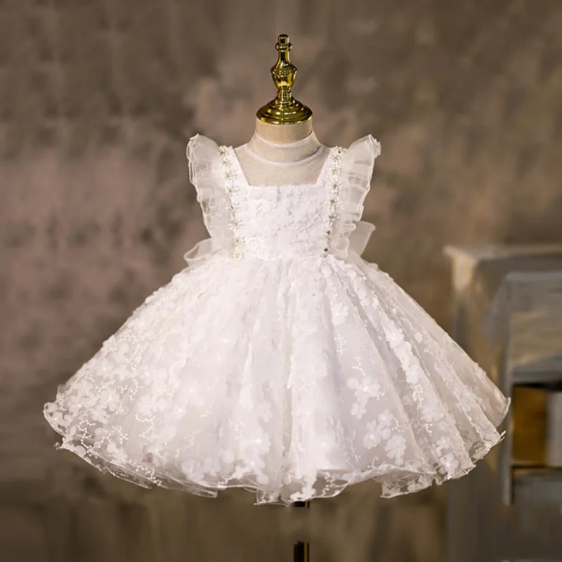 

Girls Dress White Foreign Style Flower Girl Children's Bridesmaid Evening Dress One-Year-Old Baby Christening Dress Easter Dress