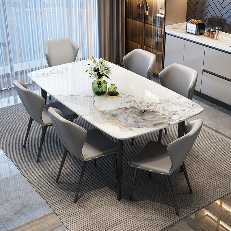 #Slate Dining Table Set 6 Chairs Gold Carbon Steel Style Dining Room Modern Furniture