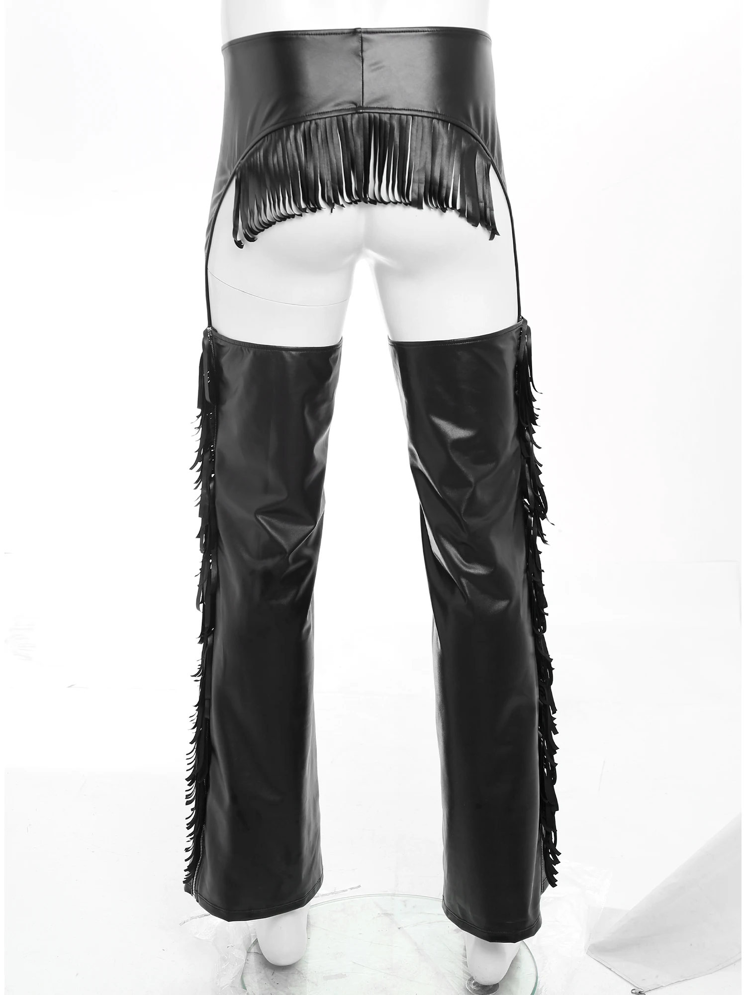 Homens Western Show Chaps Cowboys Calças de Couro Falso Brilhante Recorte Borlas Franjas Calças de Motocicleta para Festa Temática de Halloween
