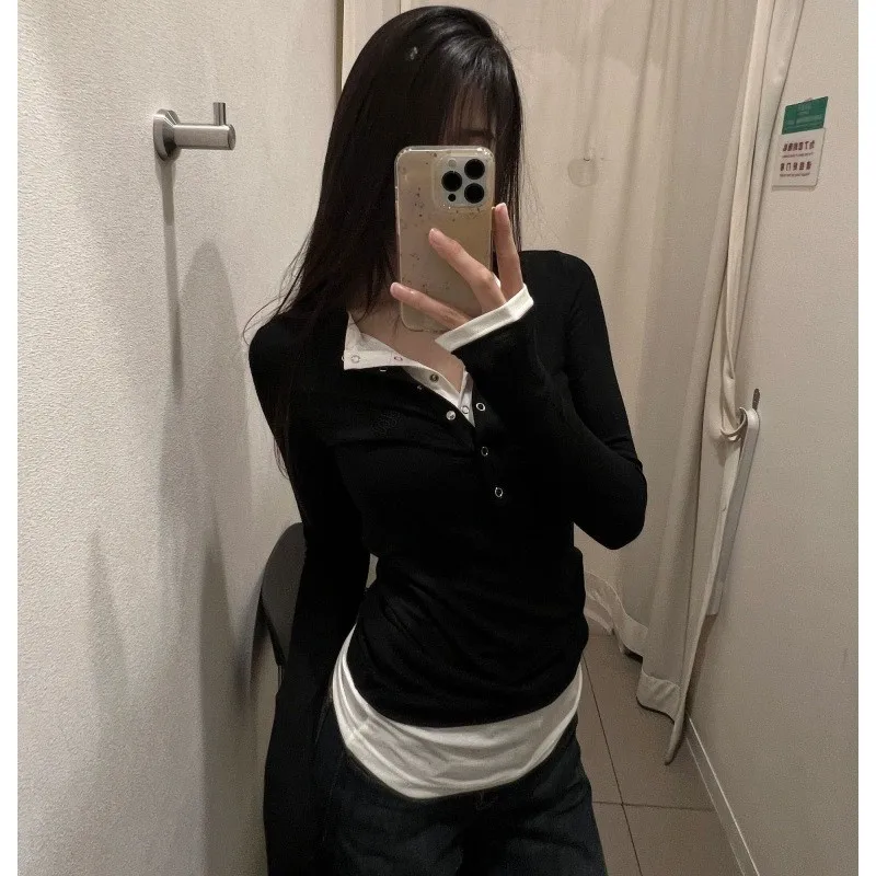 Women T Shirt Button Front Slim Fit T Shirts Black And White Fake Two Piece Top Contrast Collar Long Sleeve T Shirt For Woman