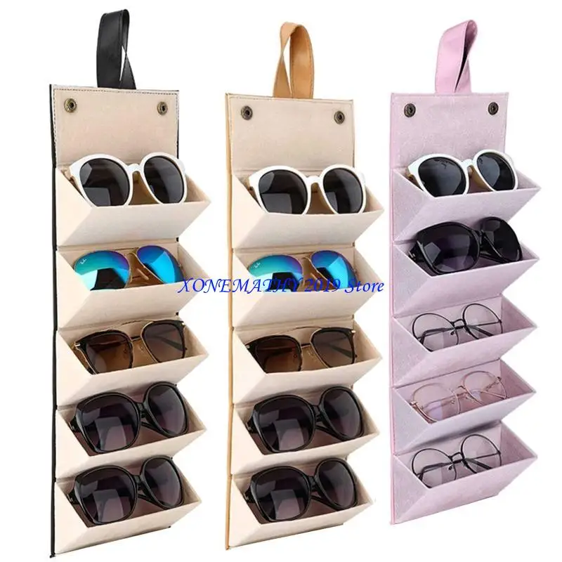 

F42F Eyeglass Sunglasses Organiser Collector Glasses Storage Box 5slots Roll Up PU Leather Sunglasses Holder Folding for Case