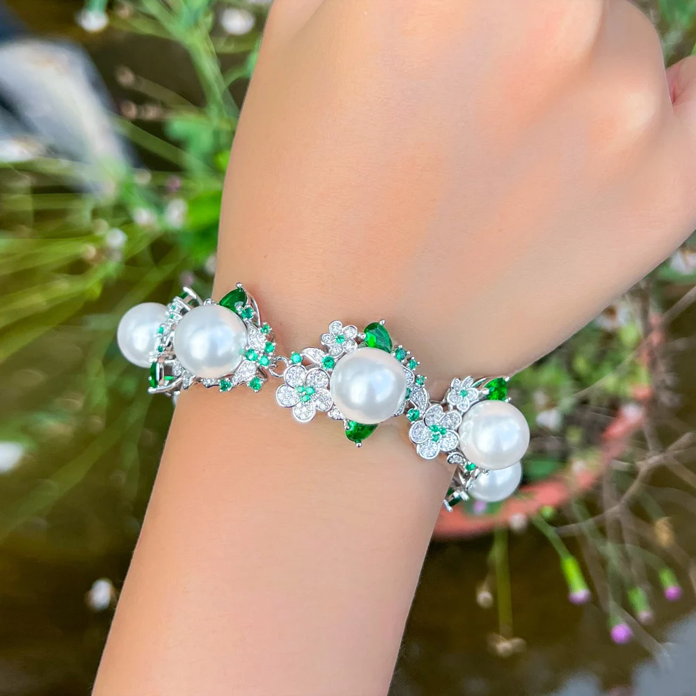 ThreeGraces Elegant Shiny Green Zirconia Cluster Flower Luxury Big Simulated Pearl Bridal Wedding Party Bracelet for Women BR363