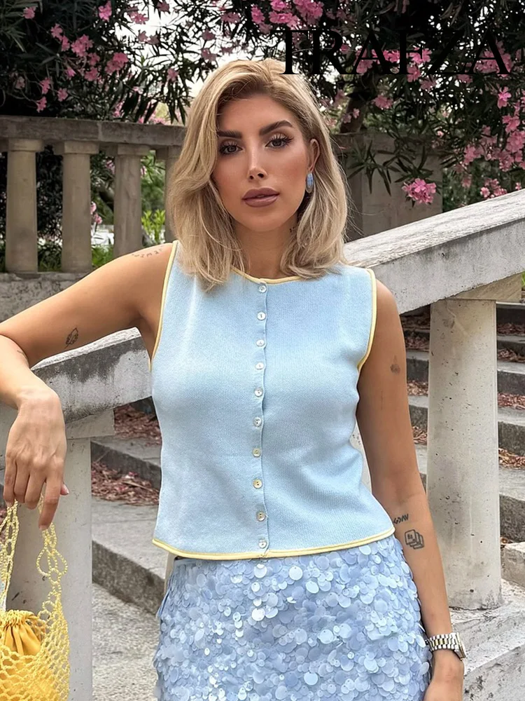 

TRAFZA 2025 Women Summer Fashion Single-breasted Splicing Decoration Sleeveless Knitted Top Female Casual Round Collar Blue Top