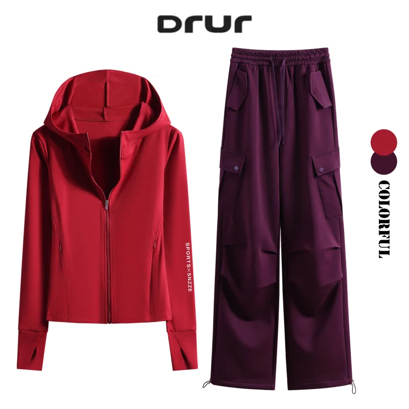 

DRUR Christmas New Year Hoodie Yoga Set With Long Sleeve Sports Top and Cargo Pants 2 Piece Gym Tracksuit Outfits with Pockets