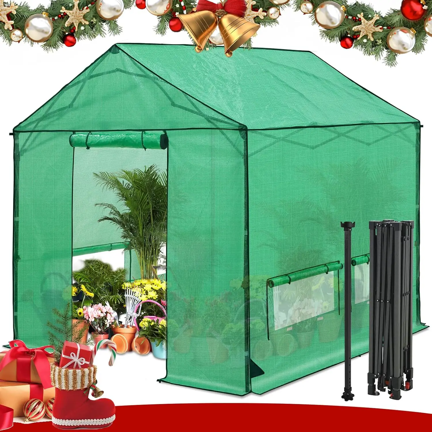 

10x10 Pop Up Walk-in Greenhouse, Indoor & Outdoor PE Cover Green House with Power Access Ports, Support Pole, Roll-up Zippered D