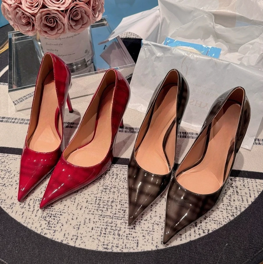 New 12cm gradient patent leather pointed high heels for women's fashion, slim heels, versatile, and shallow single shoes