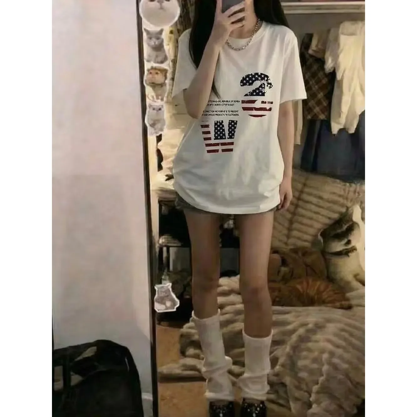 American-style star print T-shirt, retro flag and letter print white T-shirt, Y2K street style casual women's short-sleeved top for summer.