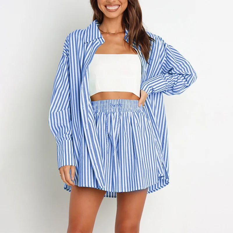 Striped Shorts Set Office Lady Shirts Long Sleeves Turn Down Collar Button Tops Summer Outfit Women Clothes Casual Two Piece Set