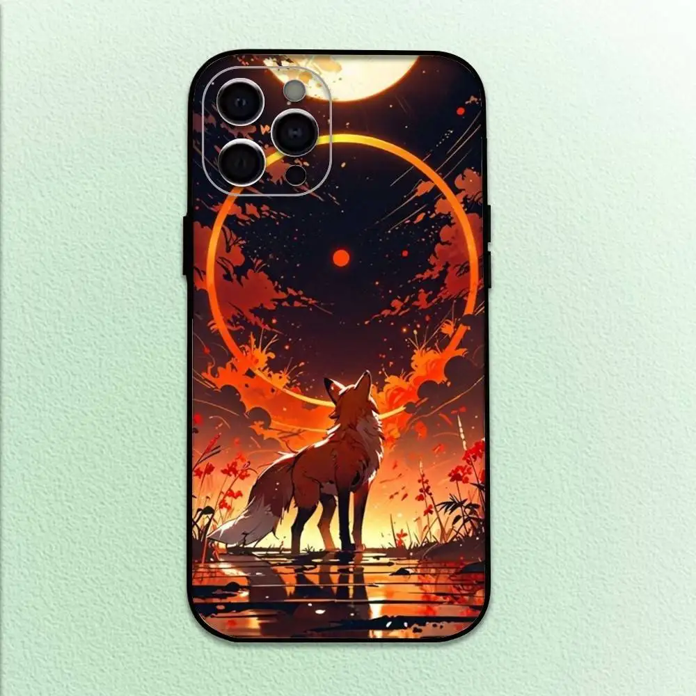 حافظة هاتف كارتون فوكس لطيفة لهاتف آيفون 17،16،15،14،13،12،11 بلس، برو ماكس غطاء أسود ناعم