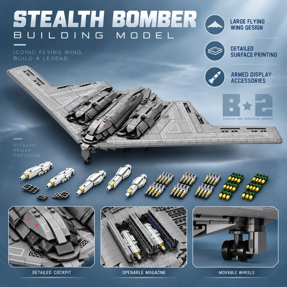 B2 Stealth Bomber Airplane 2063pcs Building Blocks, MOC Technical Fine Detail Large Desktop Display, Holiday Adult Kids Gift
