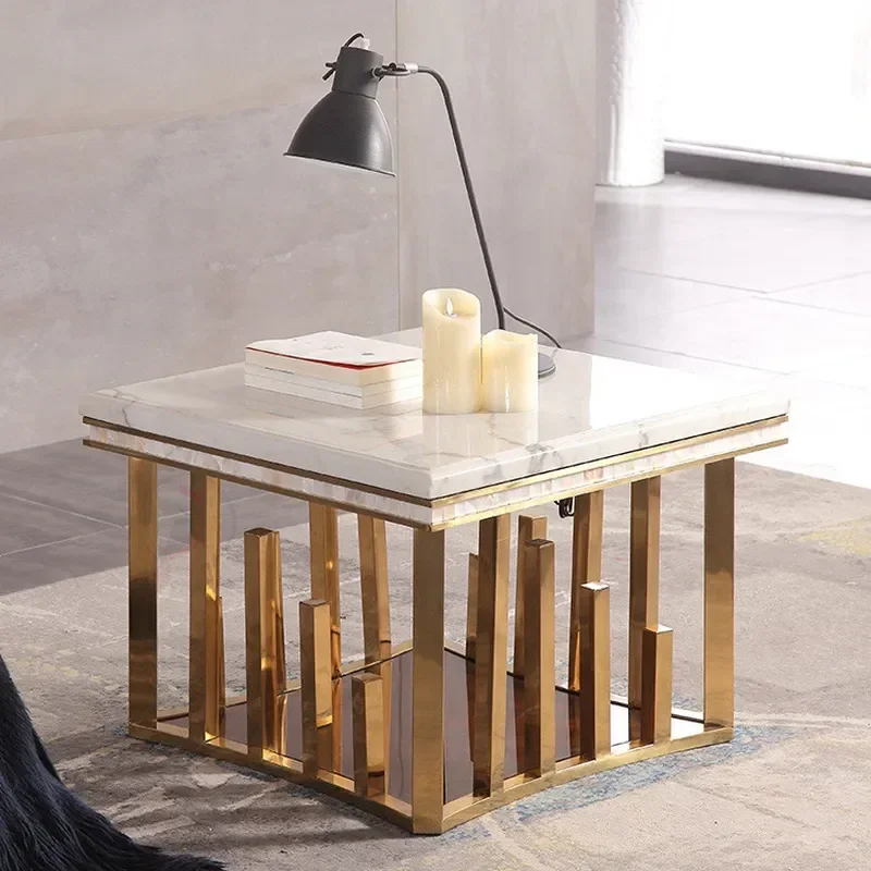 Modern Stainless Steel Side Table with Marble Top and Tempered Glass Shelf for Living Room Coffee Table End Table