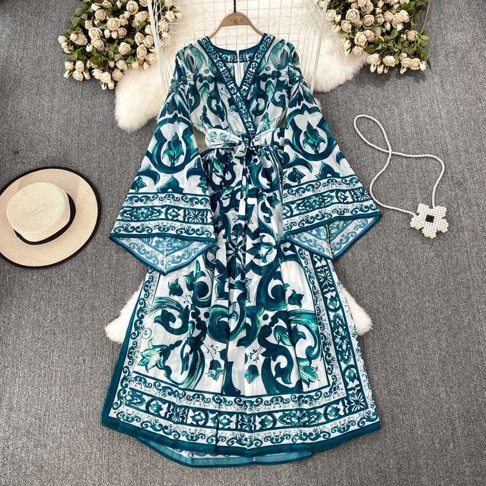 JAMERARY-Vestido largo de porcelana azul y blanca para mujer, traje bohemio de manga larga con estampado Floral, ideal para verano y otoño