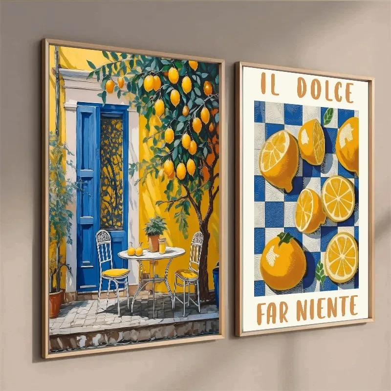 Retro Lemon Garden Canvas Art Poster-Fresh Lemon and Olive Tree Wall Prints for Modern Living Room,Office,and Home Decor Gift