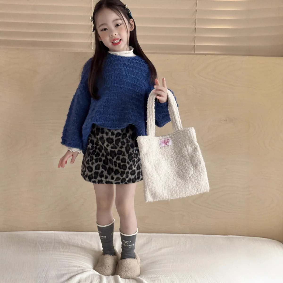 Children Skirt Leopard Print Woolen Skirt Pant 2025 Autumn and Winter New Korean High Waist Baby Girl's A-shaped Skirt.