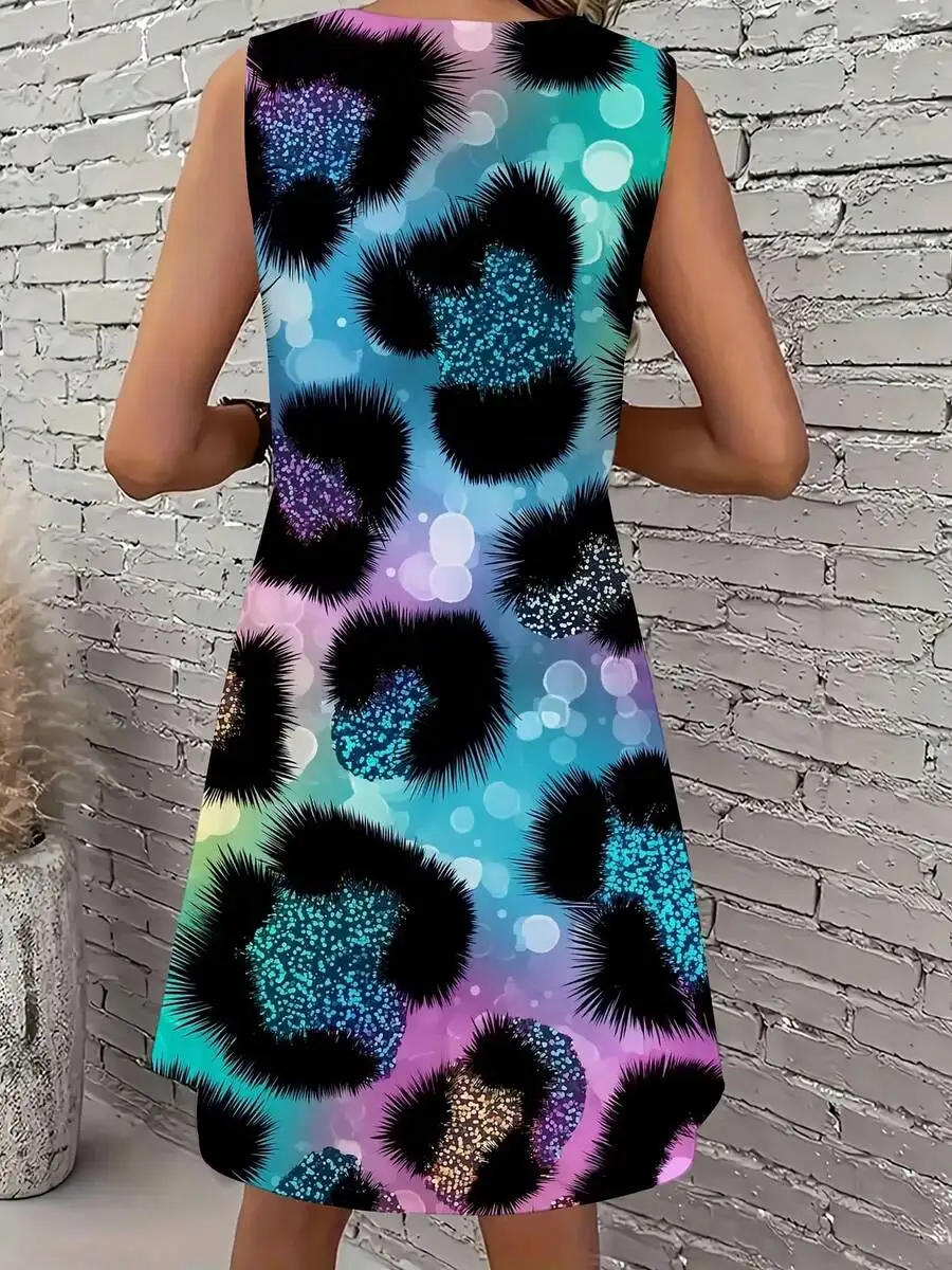 

Womens Sleeveless Leopard Print Gradient A-Line Dress Round Neck Loose Fit Casual Summer Outfit