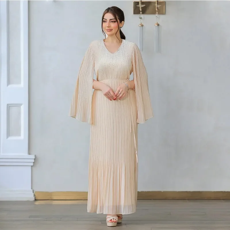 

Eid Mubarak Dubai Flare Sleeve Pleated Maxi Dress for Women Abayas Kaftan Muslim Dresses Ramadan Robe Caftan Party Turkey Gown