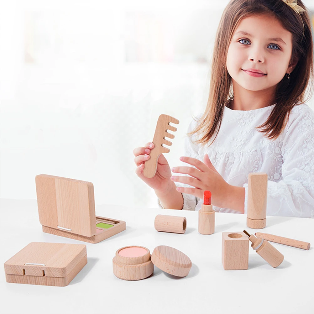 

1 set Wooden Kids Makeup Toy Set Pretend Salon Kit for Girls Blush Toys Educational Roleplay Game Portable