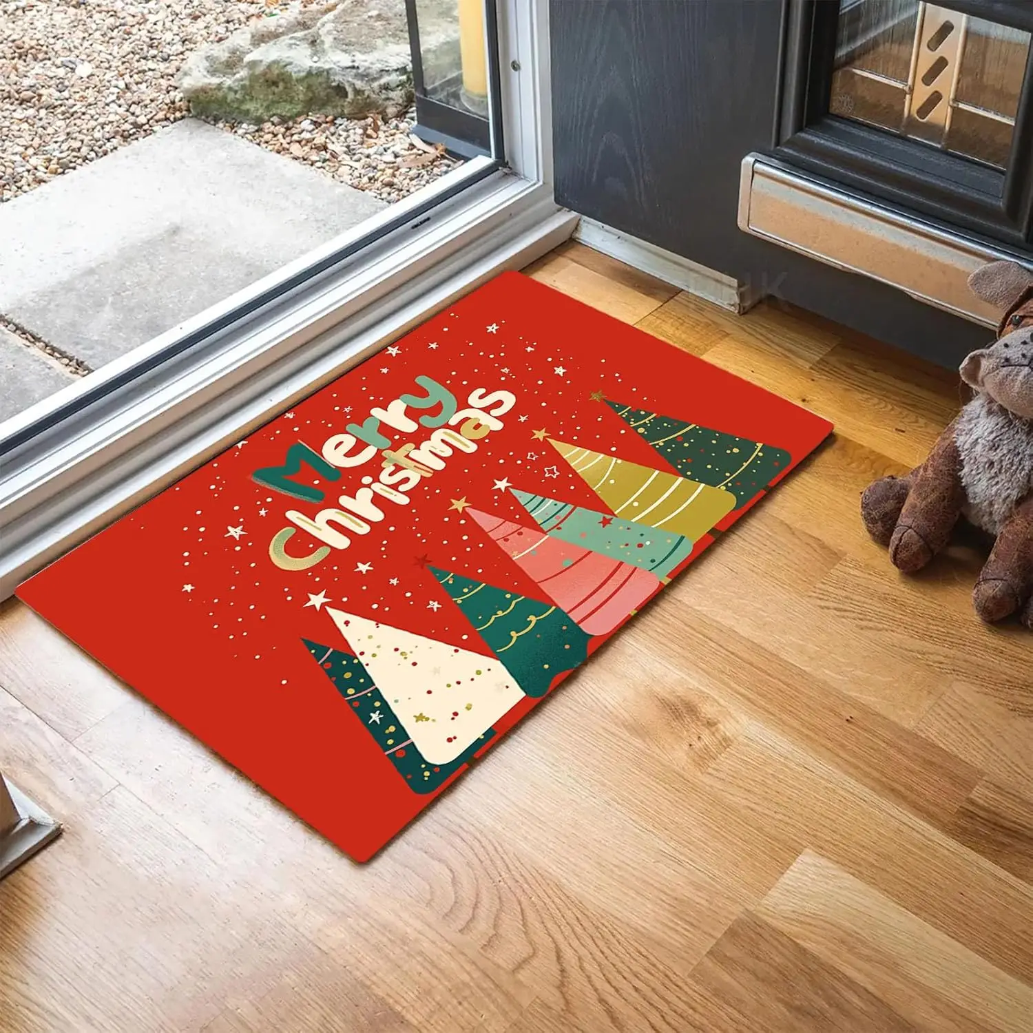 Red Christmas Welcome Doormat, Christmas Tree Pattern with Colorful Lights Home Decor Low-Profile Switch Rug Door Mat Floor Mat