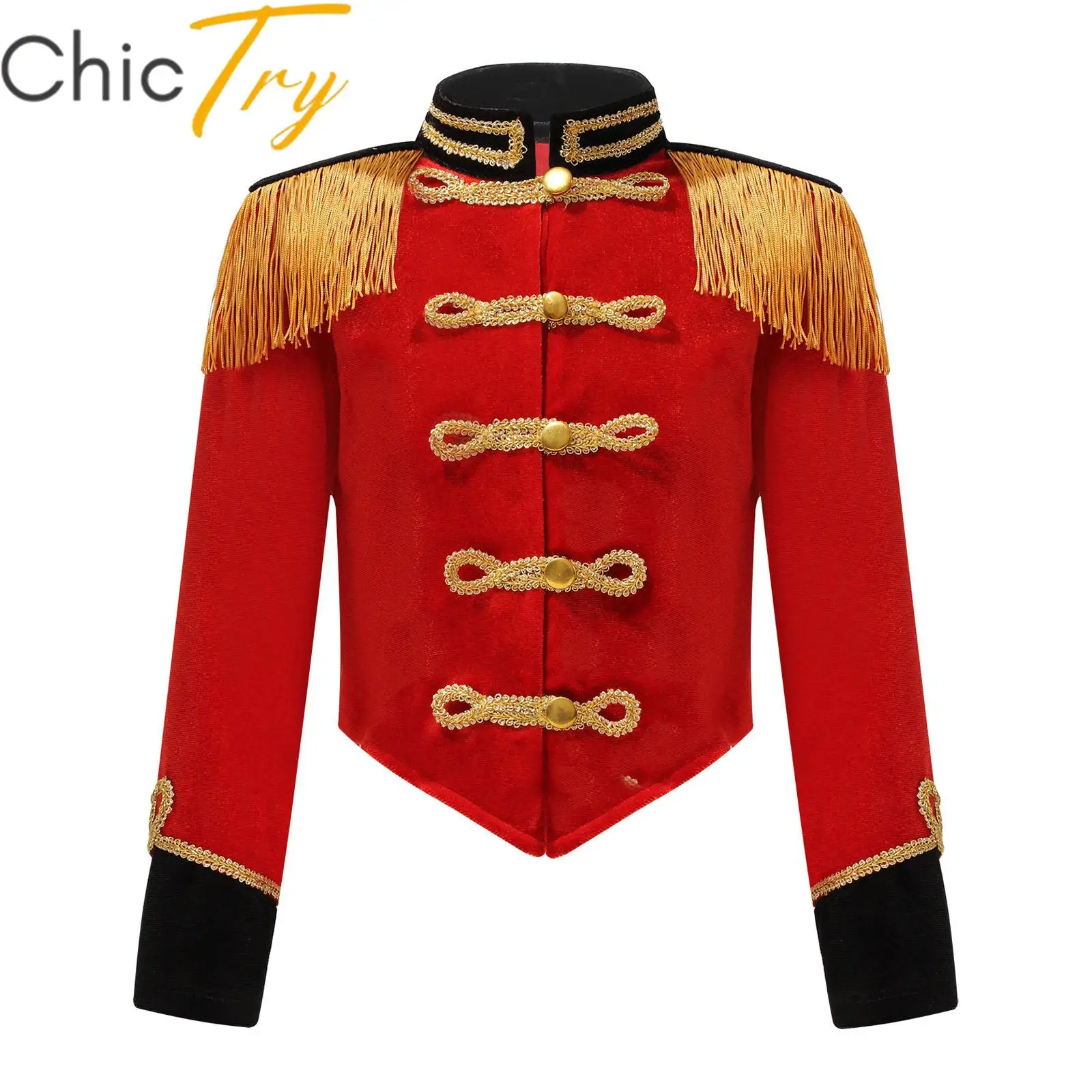 

Kids Girls Halloween Cosplay Tops Circus Ringmaster Costume Roleplay Stand Collar Long Sleeve Tassel Jacket Carnival Dress Up