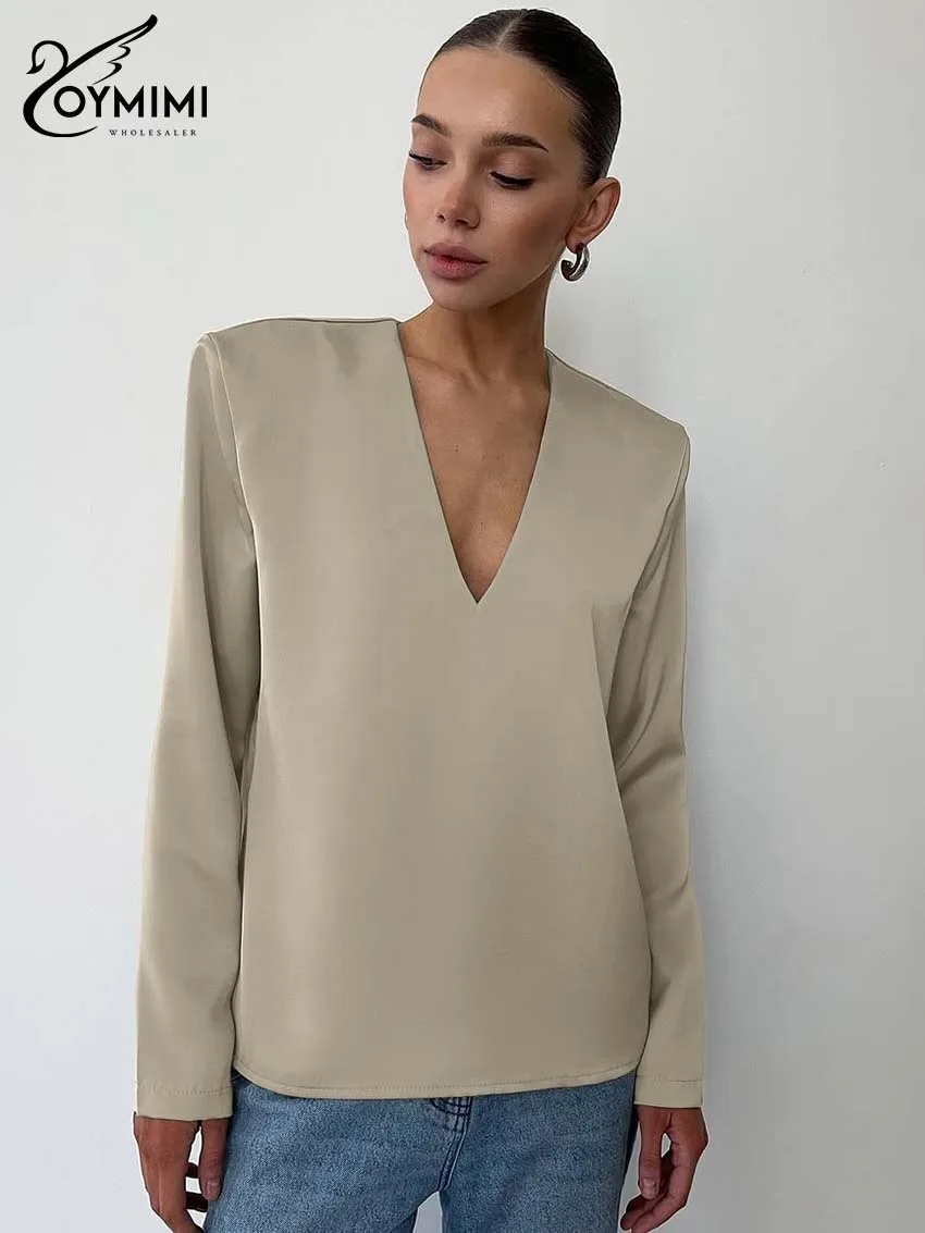 Oymimi أنيقة الكاكي الخامس الرقبة قميص نسائي موضة بسيطة طويلة الأكمام قمصان الخريف عادية الصلبة الساتان قمصان الإناث الشارع الشهير #3