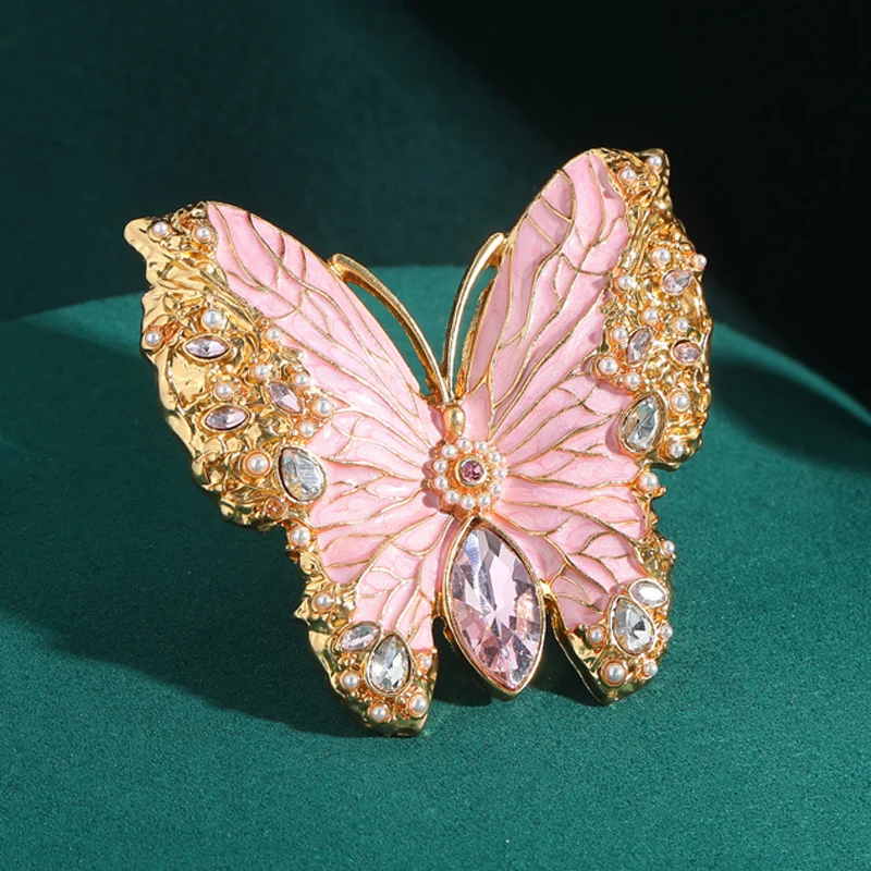 

Vintage Large Enamel Pink Butterfly Rings For Woman Size 8 Crystal Gold Color Big Cocktail Jewelry Luxury Accessories 6.4cm 2025