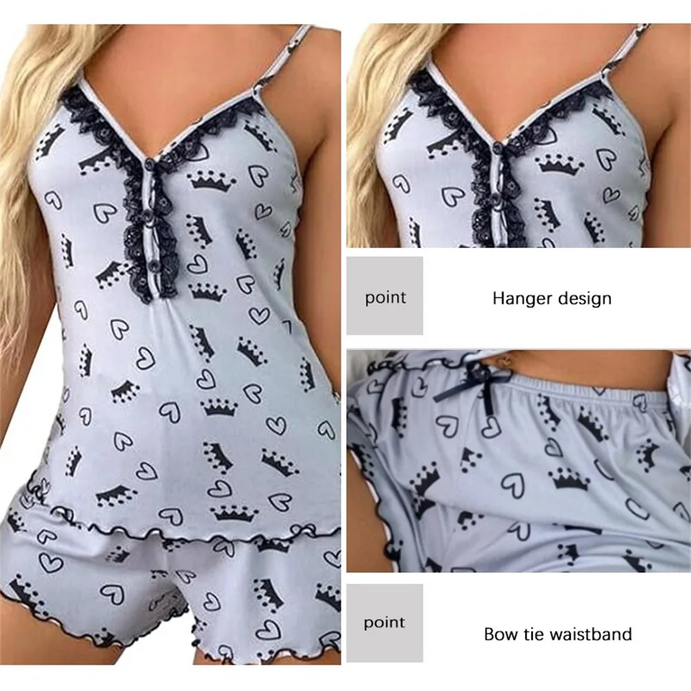 Pajama set Sexy Summer Two Pieces Women Pajamas Set Deep V-Neck Tops And Shorts Pajama Suit Ladies Sleeveless Nightwear