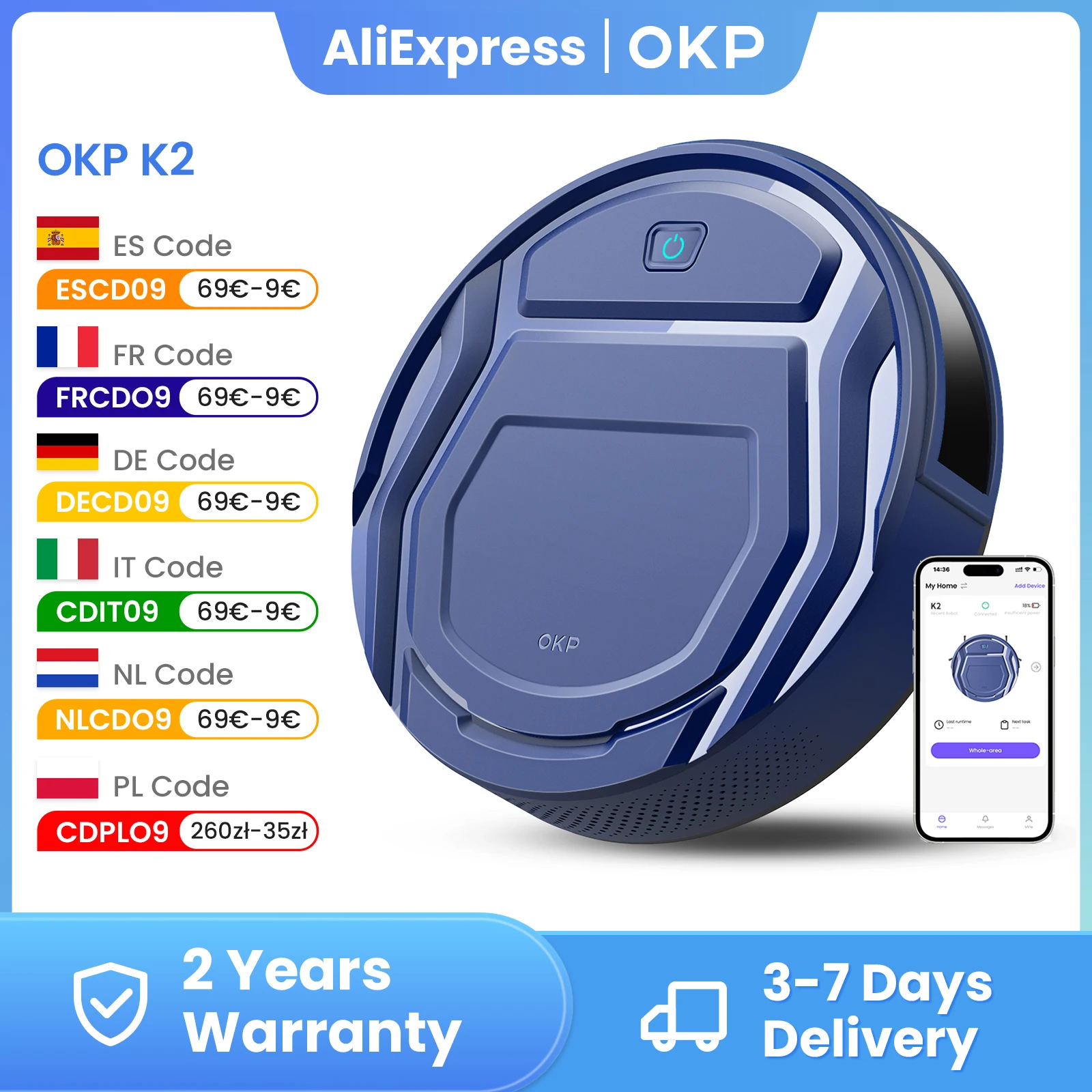 OKP K2 Robot Aspirateur 2200Pa, contrôle de l'assistant App/Google, idéal pour les poils d'animaux, la moquette et les sols durs.