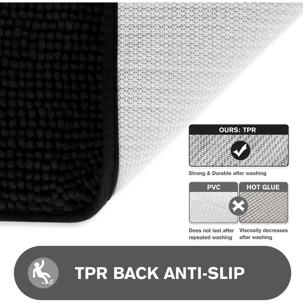 Large 40x60 Chenille Bath Mat - Thick, Absorbent & Washable Non-Slip Rug for Bathroom, Shower, Tub (Black)