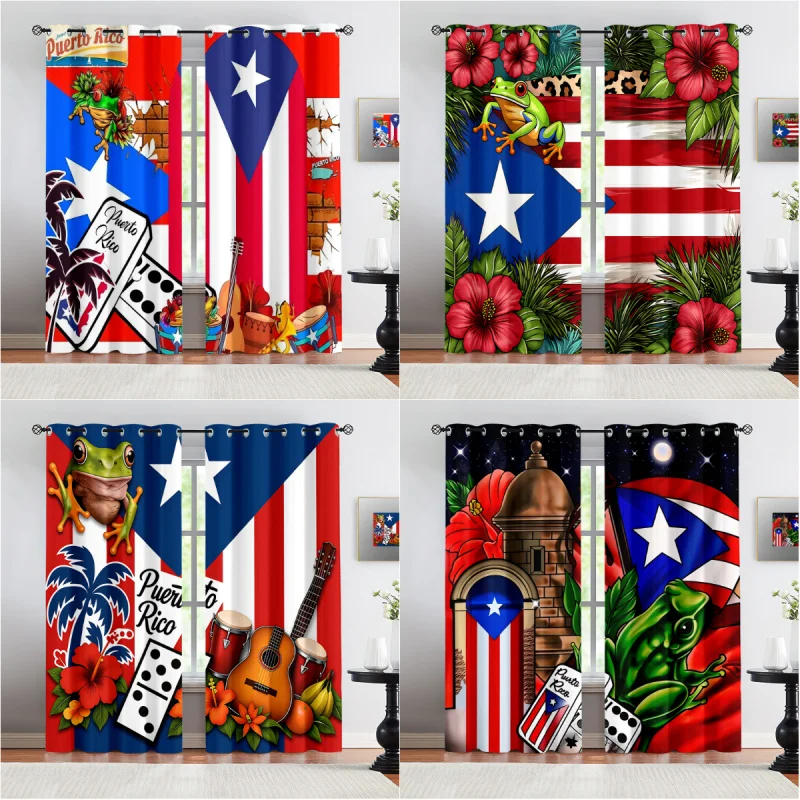 Puerto Rico Flag Coqui Frog Print Light Blocking Curtains Thermal Insulated Window Drapes 2 Panels for Living Room Home Decor
