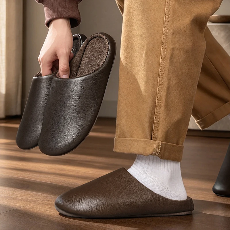 Men Winter Fleece Lined Slippers Silent Non-slip Indoor Home Floor Shoes Warm Soft Sole Slip On House Slippers