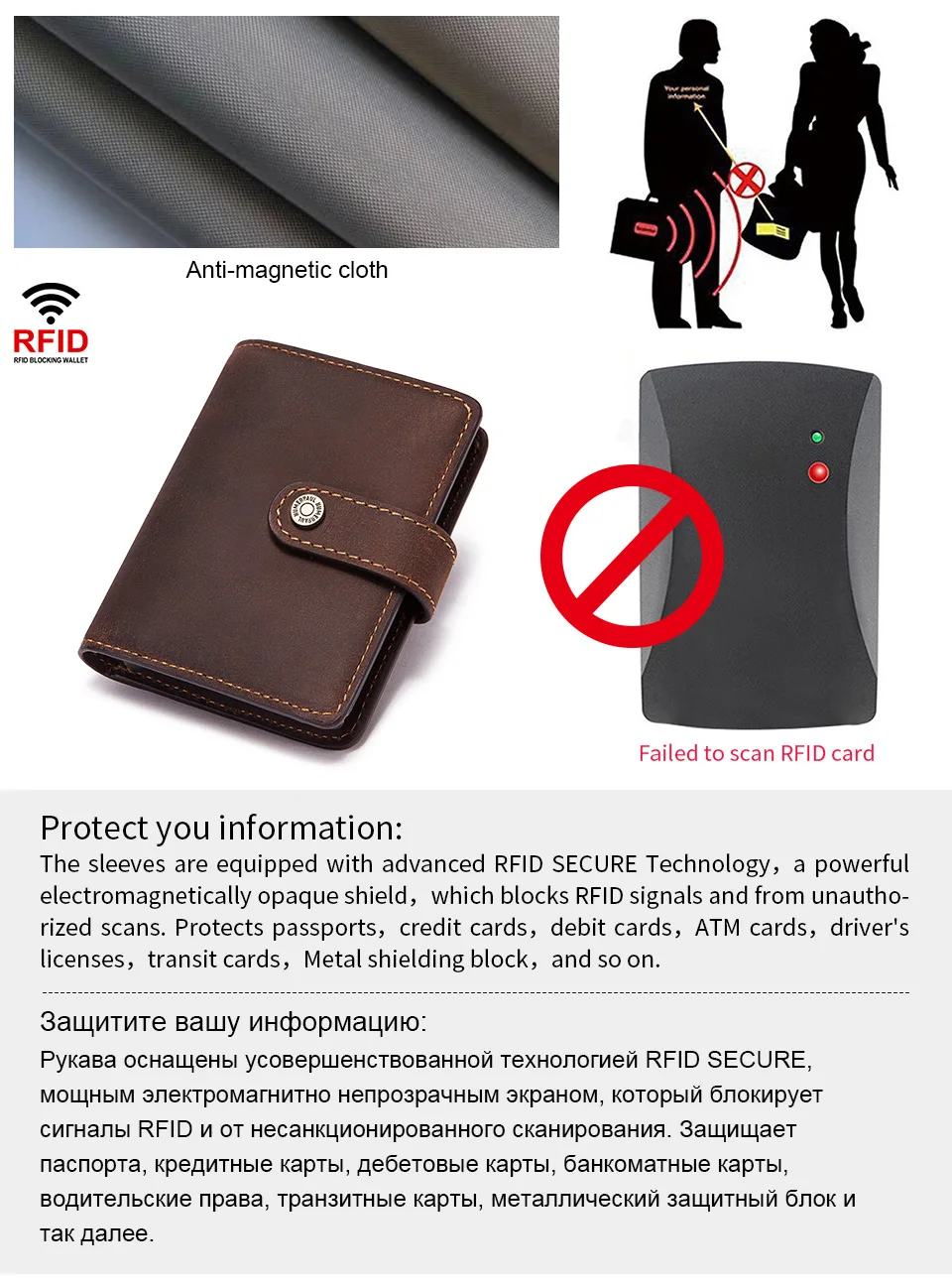 HUMERPAUL Crazy Horse Leder Herren-Geldbörse mit RFID-blockierendem Kartenhalter, Mini-Pop-Up-Geldbörsen aus Metall, Münzfach mit Reißverschluss für Herren – Detail 7