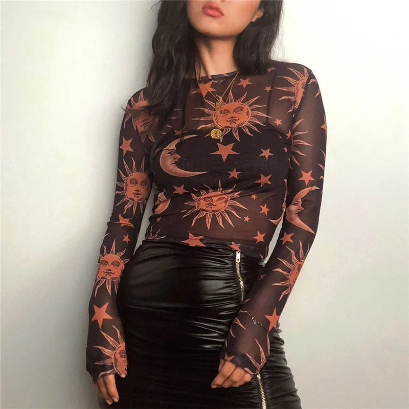

Sun Moon Printed Transparent Mesh Sexy T-Shirt Women O-Neck Long Sleeve Slim Basic Casual Female Tops 2023 Spring New
