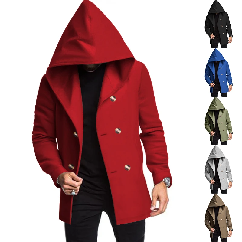 

Pop New Korean Men's Trench Coat Long Spring And Autumn Windproof Warm Casual Fashion Solid Color Hooded Coat Free Shipping