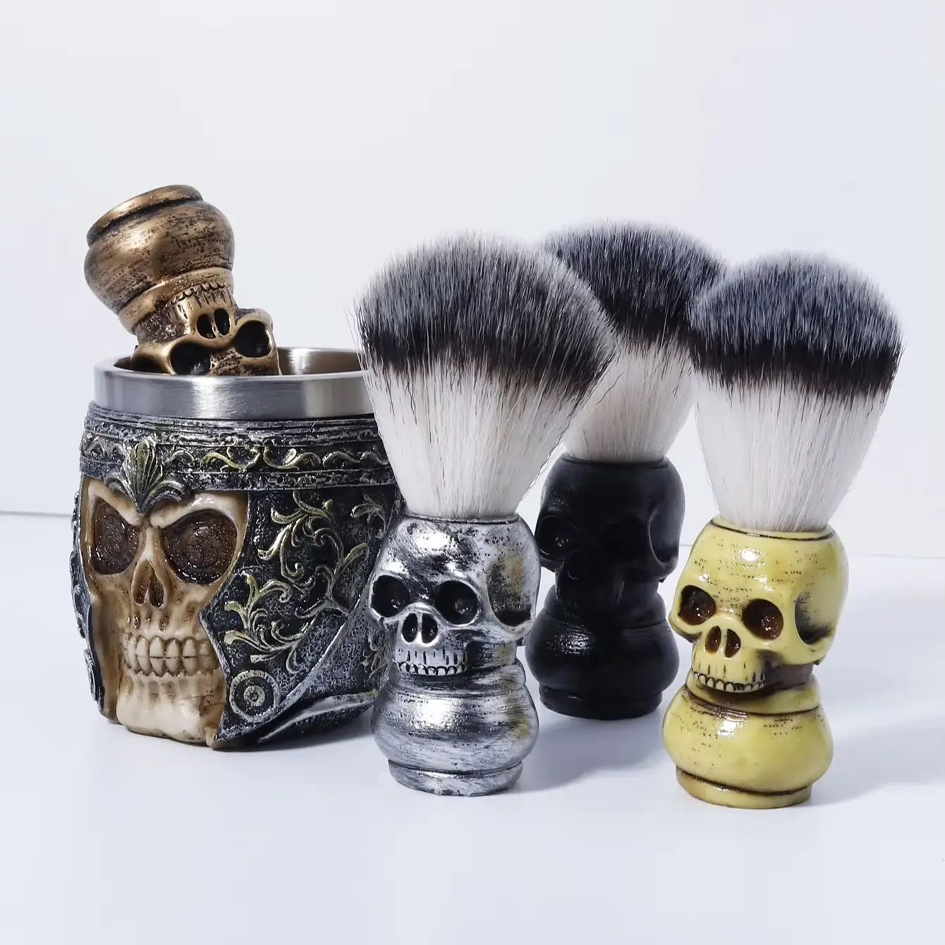 Skull Head Personalized Styling Set - Metal Cup Shape, Skull Head Metal Handle, Soft Hair Brush,special for real hair wigs