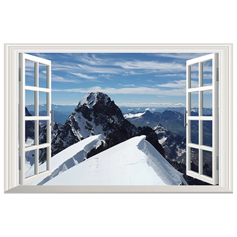 Endless Snow Mountains Scenery 3D Window Mural Stickers for Home Decorations Aesthetic Rooms Vinyl Wall Art Winter View Wallpape