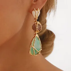 Fashion Natural Resin Waterdrop Metal Mesh Earrings For Women Retro Crystal Geometric Dangle Earrings Party Jewelry Boho Gifts